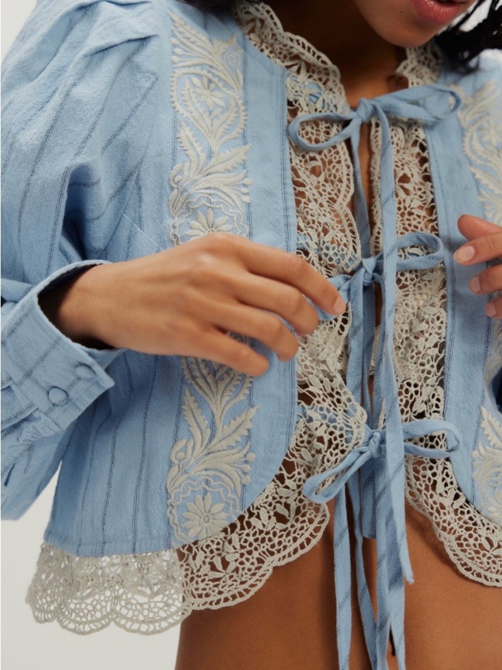 Free People Powder Blue Lace-Trim Tie-Front top